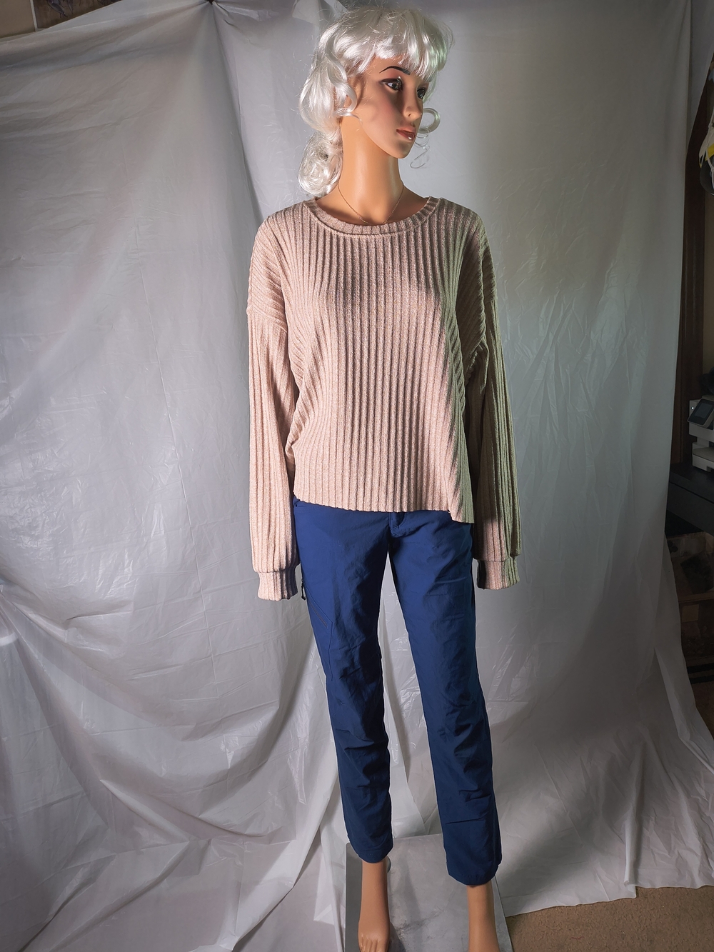 Zara Trafaluc Dusty Mauve Ribbed Knit Crewneck Sweater Top Women's L